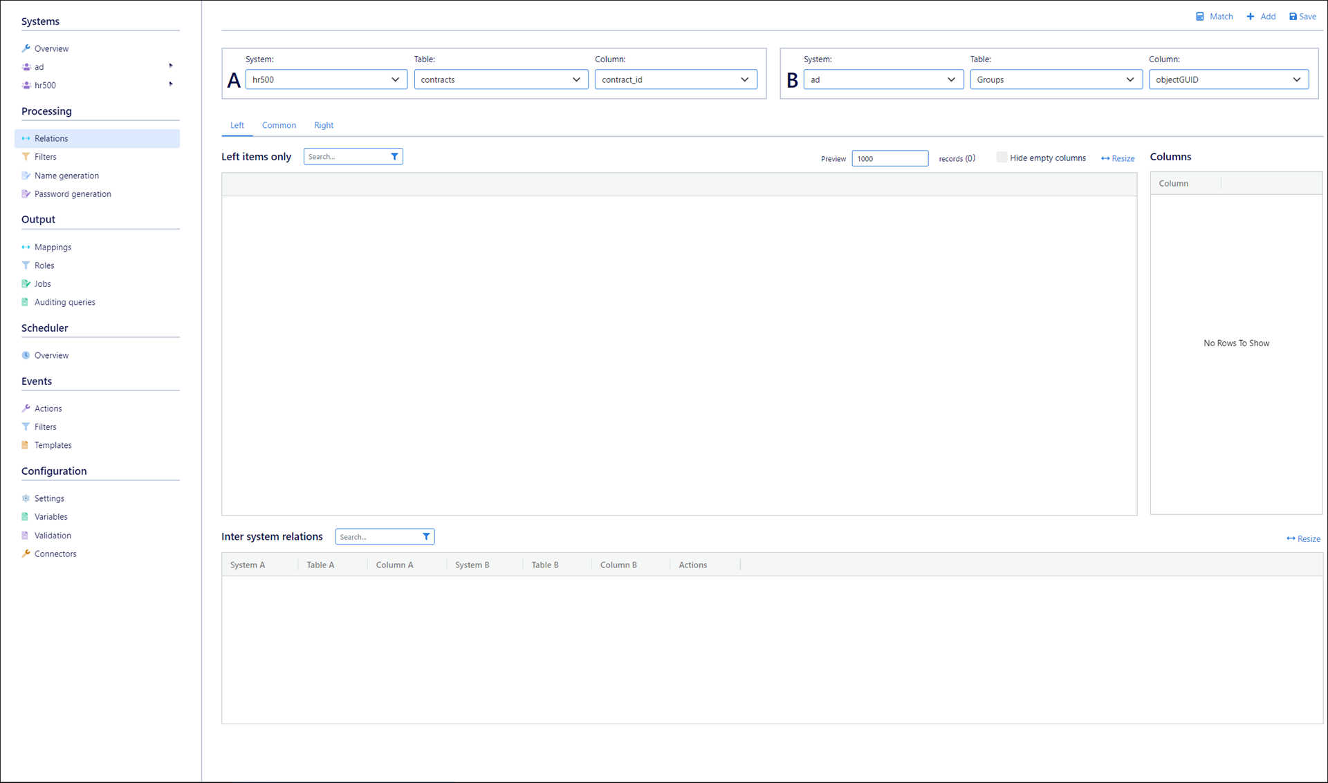 Select the first system, table, and match column in the A pane