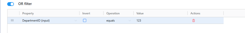Event filter condition matching a User Create mapping input DepartmentID equal to 123