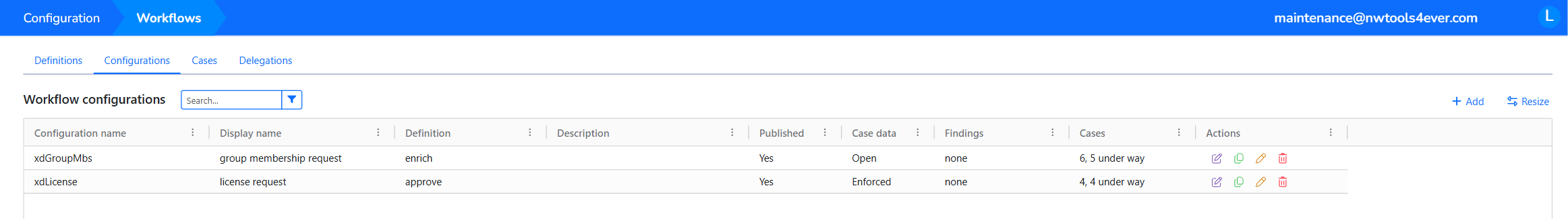The Configurations tab listing two configurations with their display name, definition, published state, case data mode, findings, and cases
