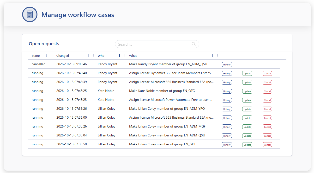 A supervisor App on workflow.cases with History, Update, and Cancel buttons per case