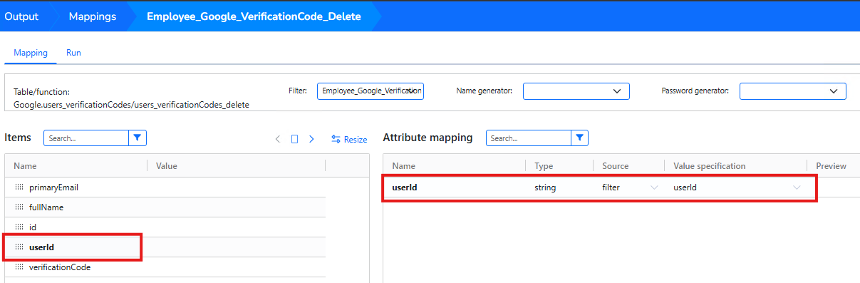 Map the verification code userId to the delete verification code userId attribute