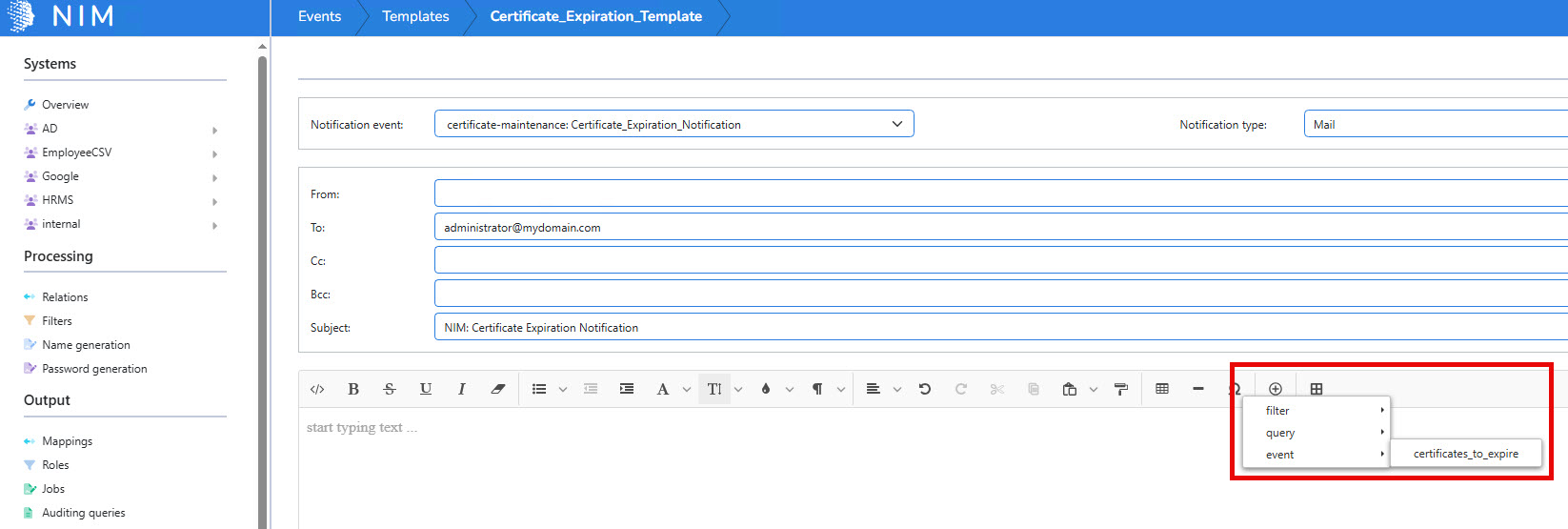 Add the expiring certificates variable to the email template