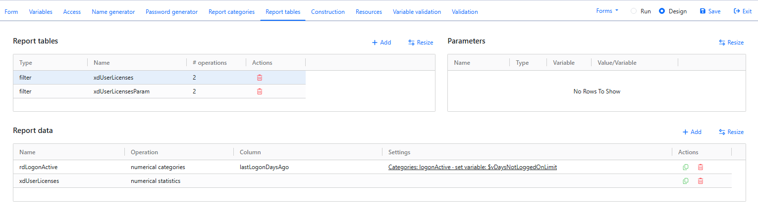 Report Tables tab