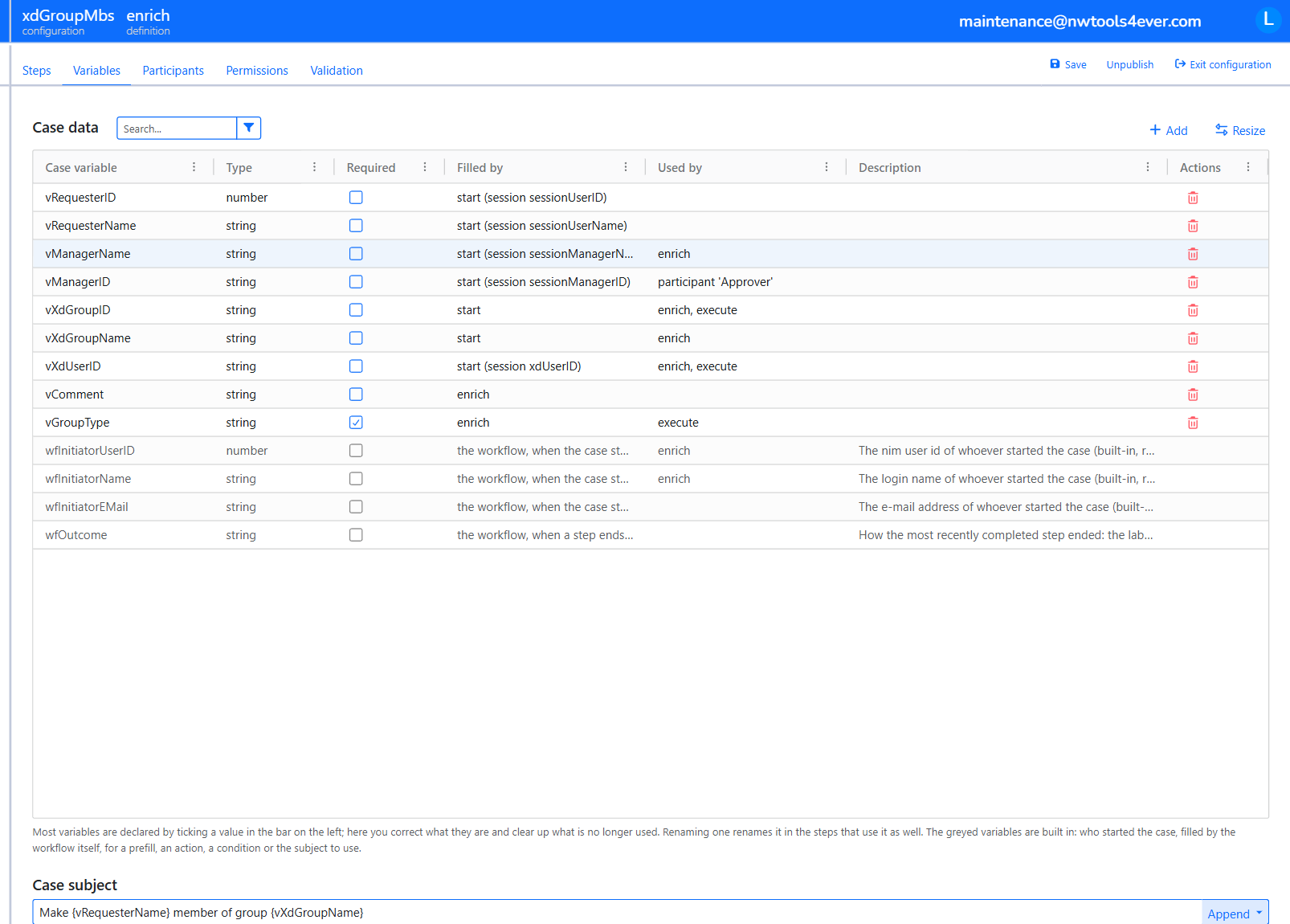 The Variables tab with the case variables, the built-in variables, the case subject, and the case result