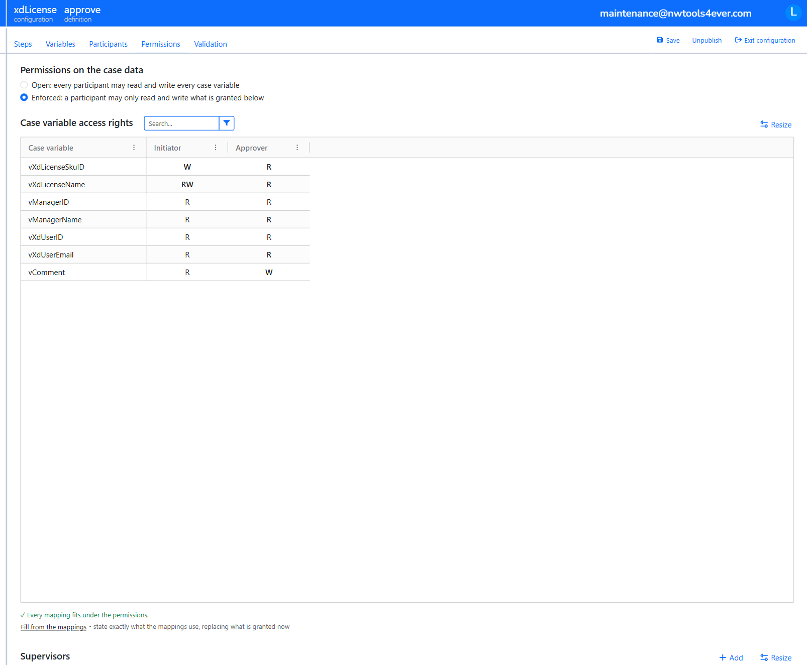 The Permissions tab with enforced case data permissions for the Initiator and Approver, and the Supervisors grid