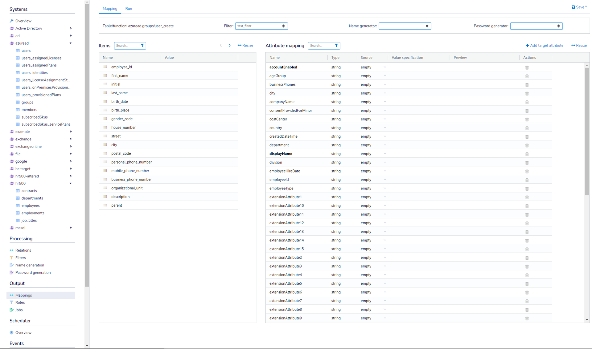 Select filter data for a mapping