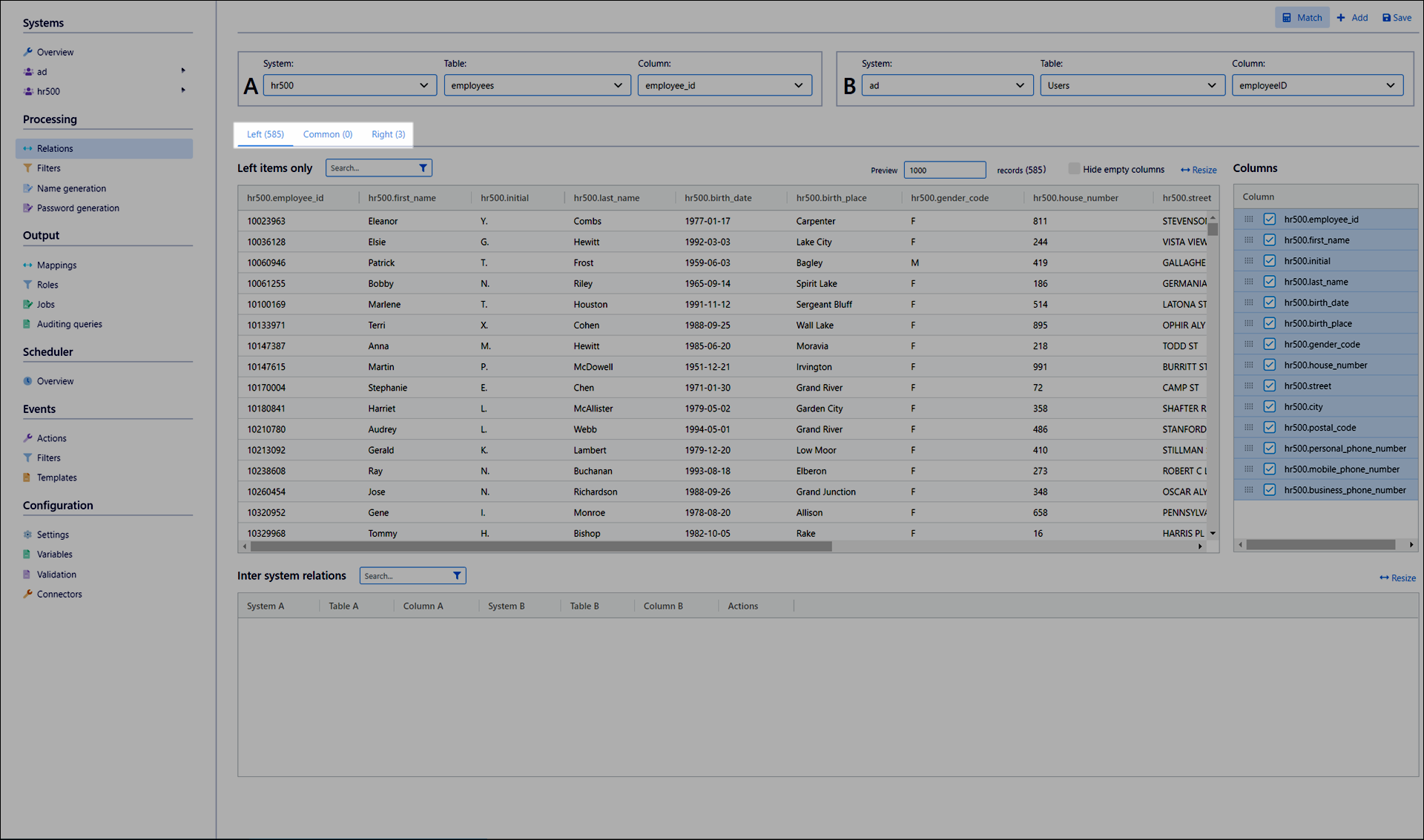 Review matched records in the Left, Common, and Right tabs
