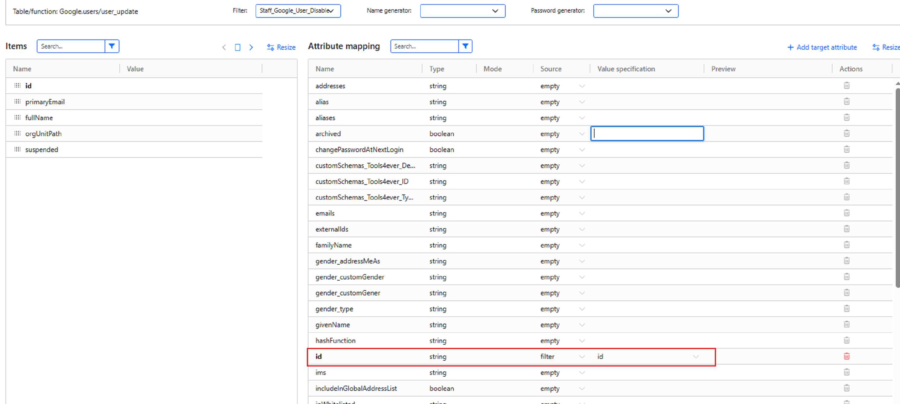 Google user update mapping with the target id populated from the filter id
