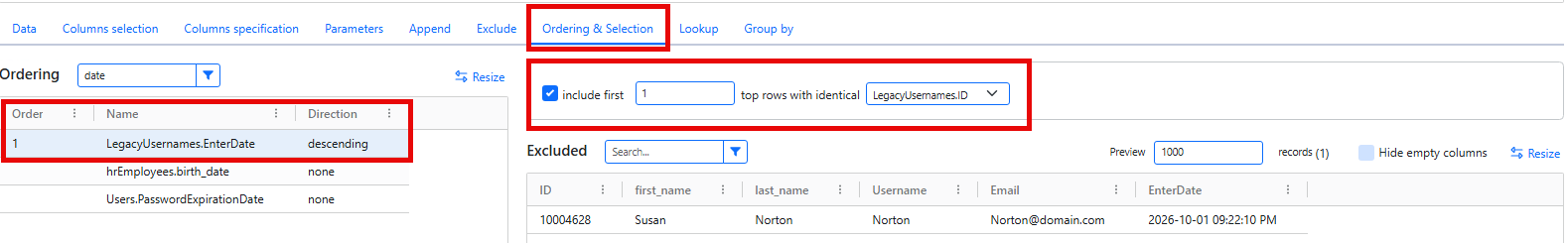 Order history by entry date and select a record per user