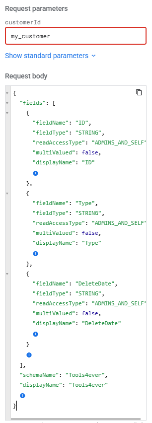 Full Google custom schema request with the customer ID and request body