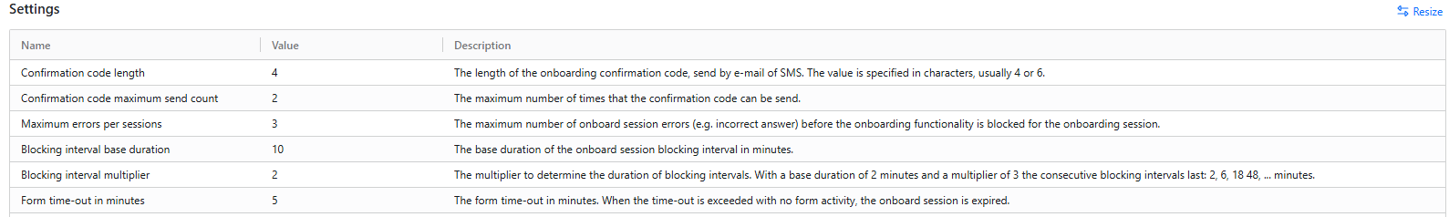 Onboarding Settings tab with code length 4, maximum sends 2, maximum errors 3, blocking duration 10 minutes, multiplier 2, and form timeout 5 minutes