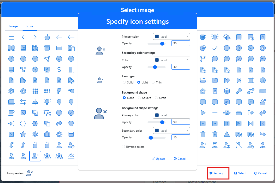 Icon selector and appearance settings