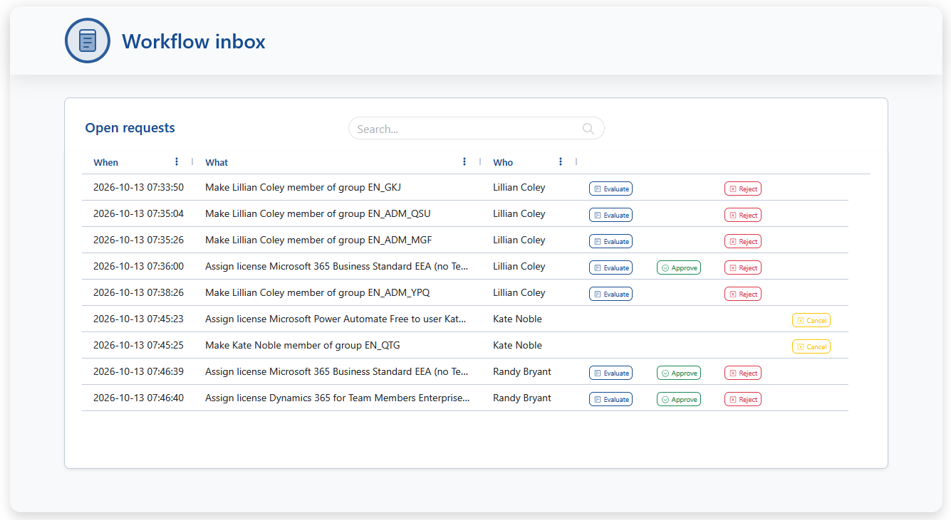 A task list App on workflow.my_tasks with Evaluate, Approve, Reject, and Cancel buttons per open request