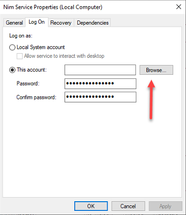Select This account on the NIM Service Log On tab