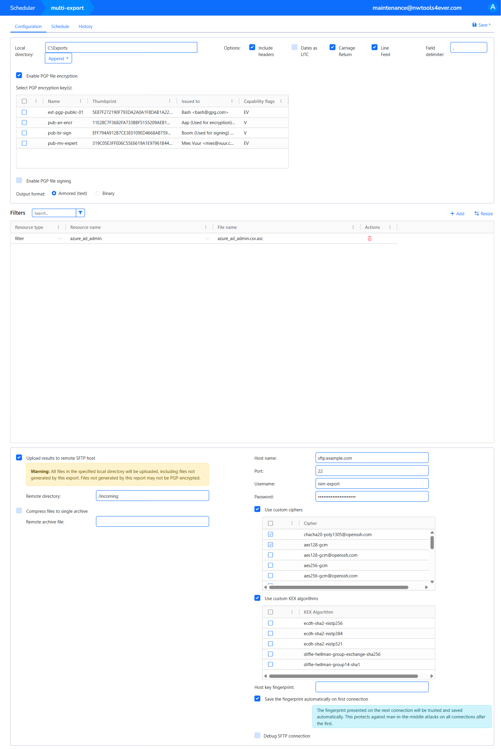 Multi-export configuration with file-format controls, PGP keys, filter resources, and SFTP options