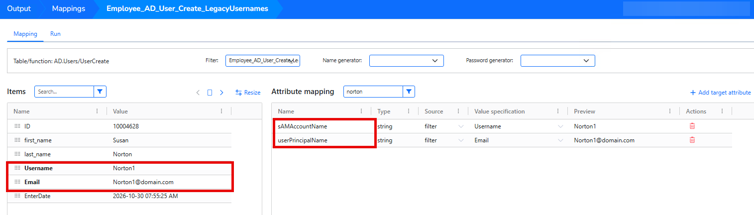 Use stored usernames and email addresses in the target mapping