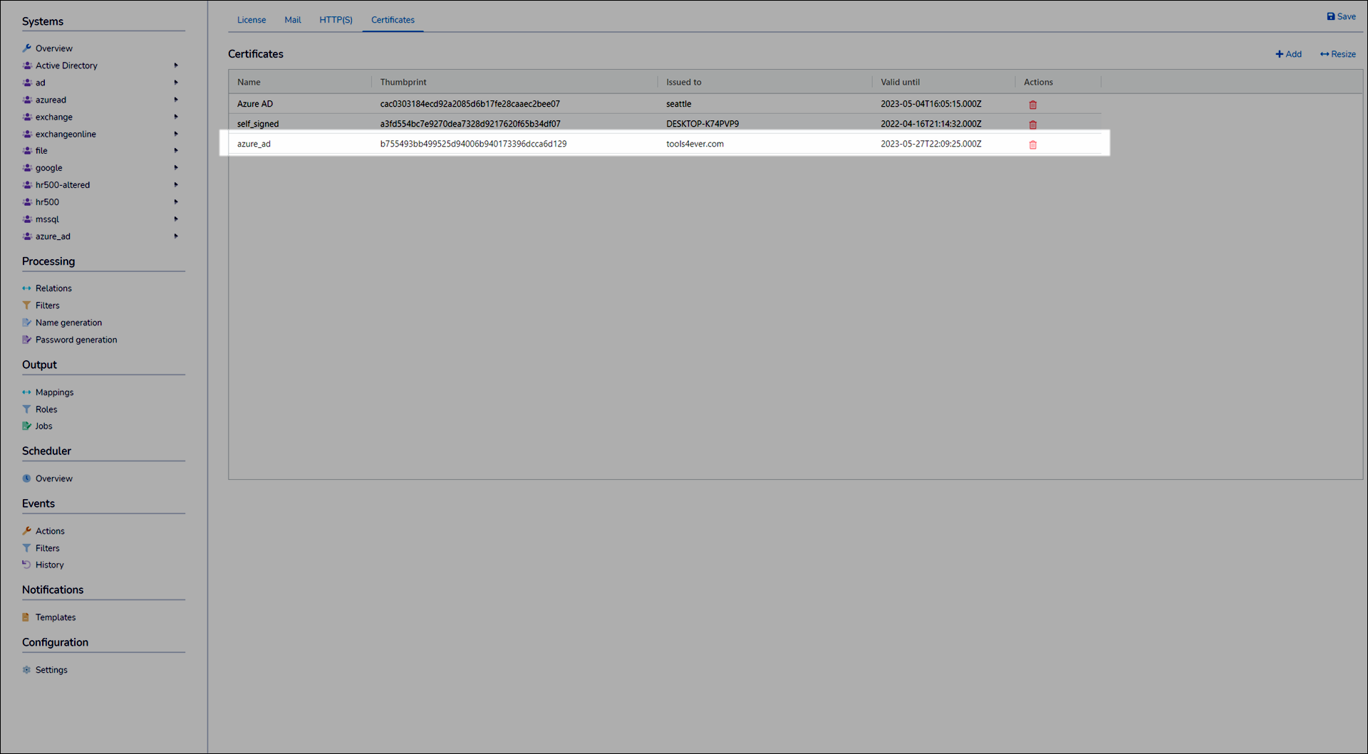 Certificate listed in the Certificates pane