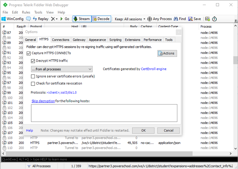 Enable HTTPS capture in Fiddler