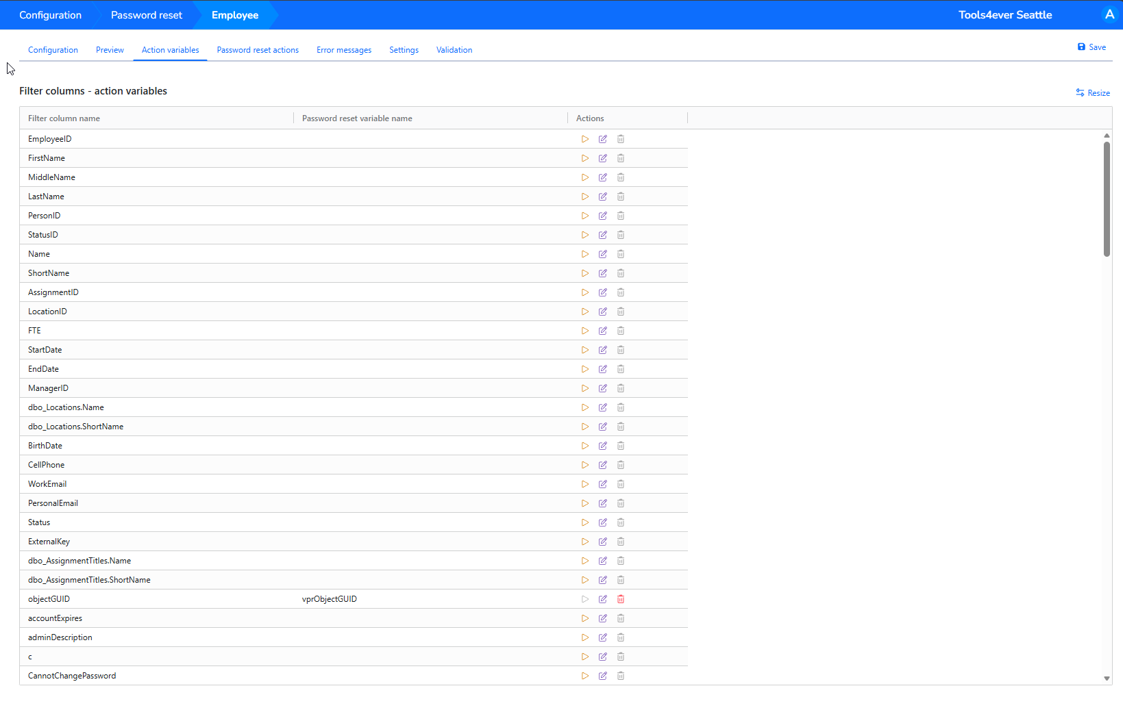 Action variables tab with the objectGUID filter column mapped to vprObjectGUID