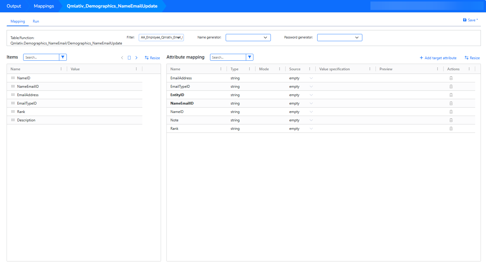 Map attributes for a Qmlativ email address update operation