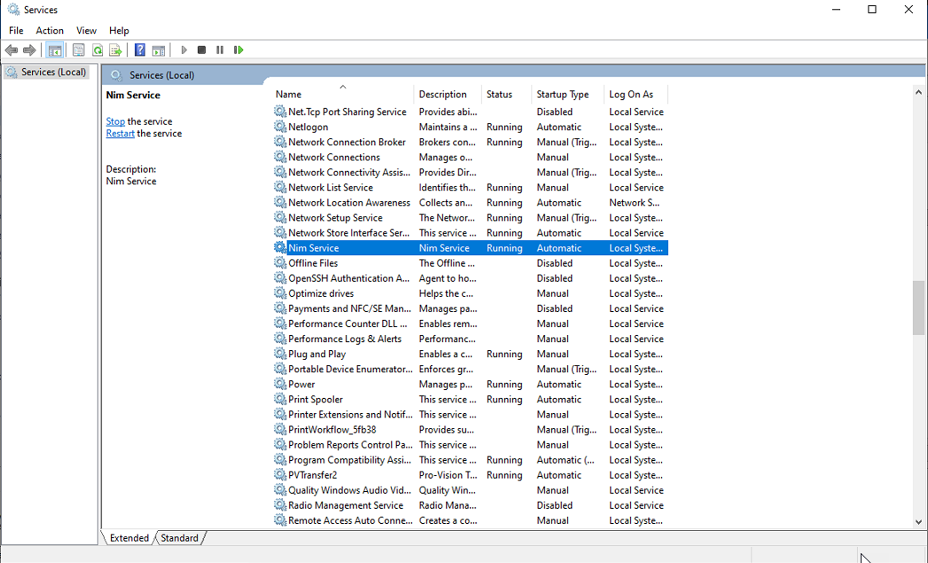 Locate the NIM Service in the Windows Services console