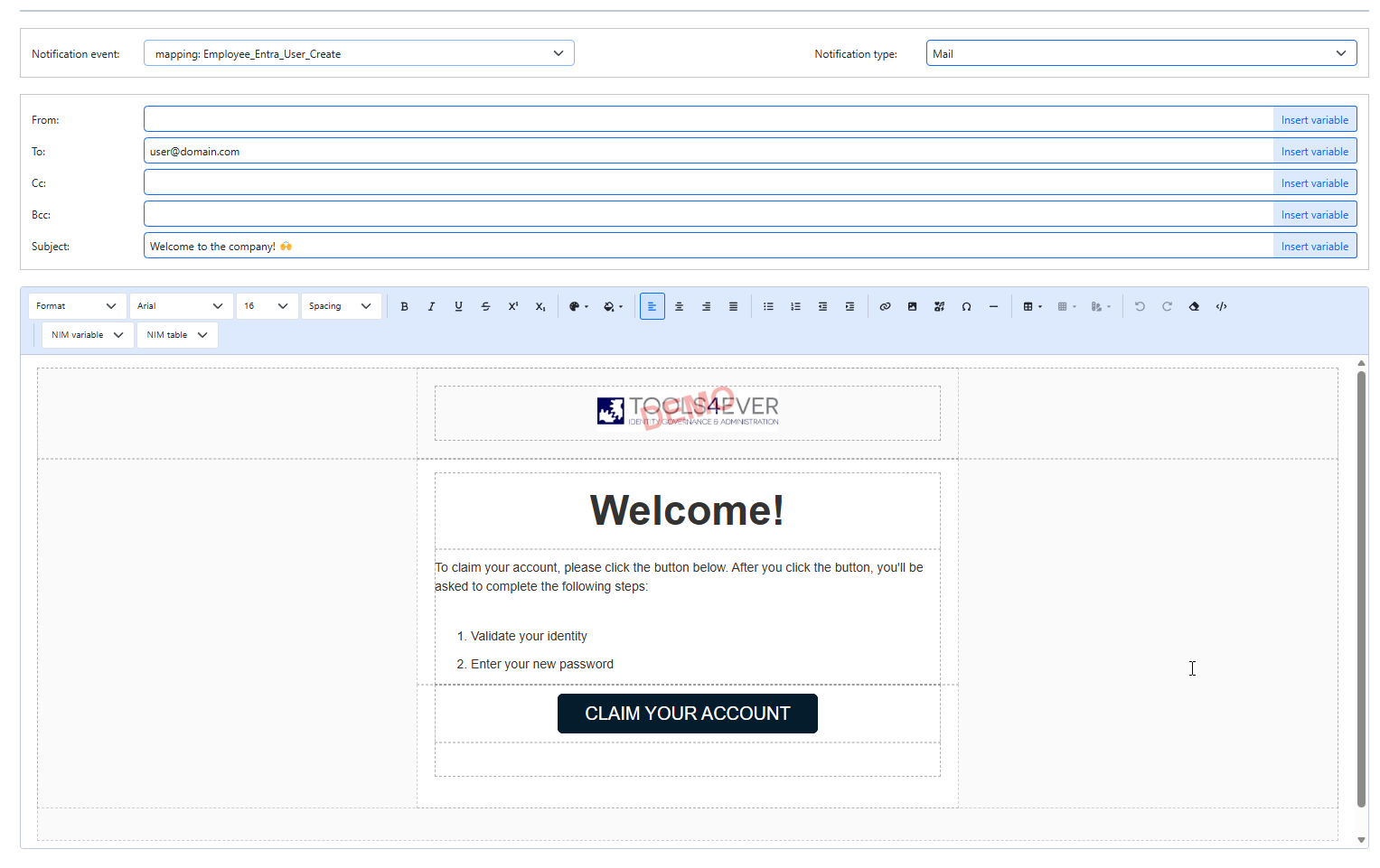 NIM notification template editor with event selection, recipient fields, variable menus, and a formatted email canvas