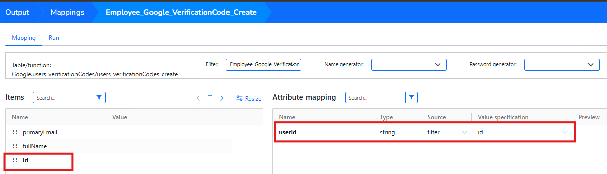 Map the Google user id to the create verification code userId attribute