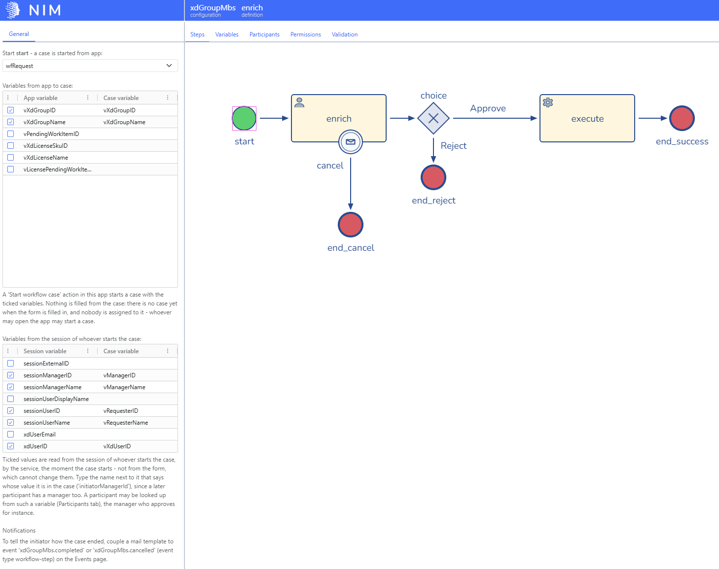 The side bar of a start event: the start form App, the App variables taken into the case, and the session variables of the starter