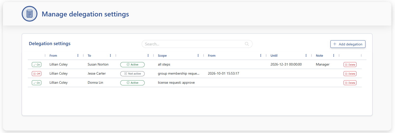 An App on workflow.my_delegations where users add, switch on or off, and delete their own delegations