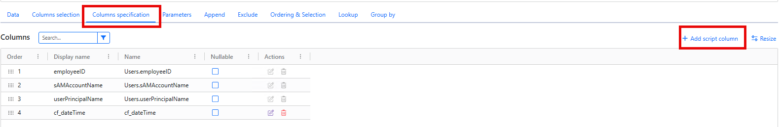 Configure the history filter columns