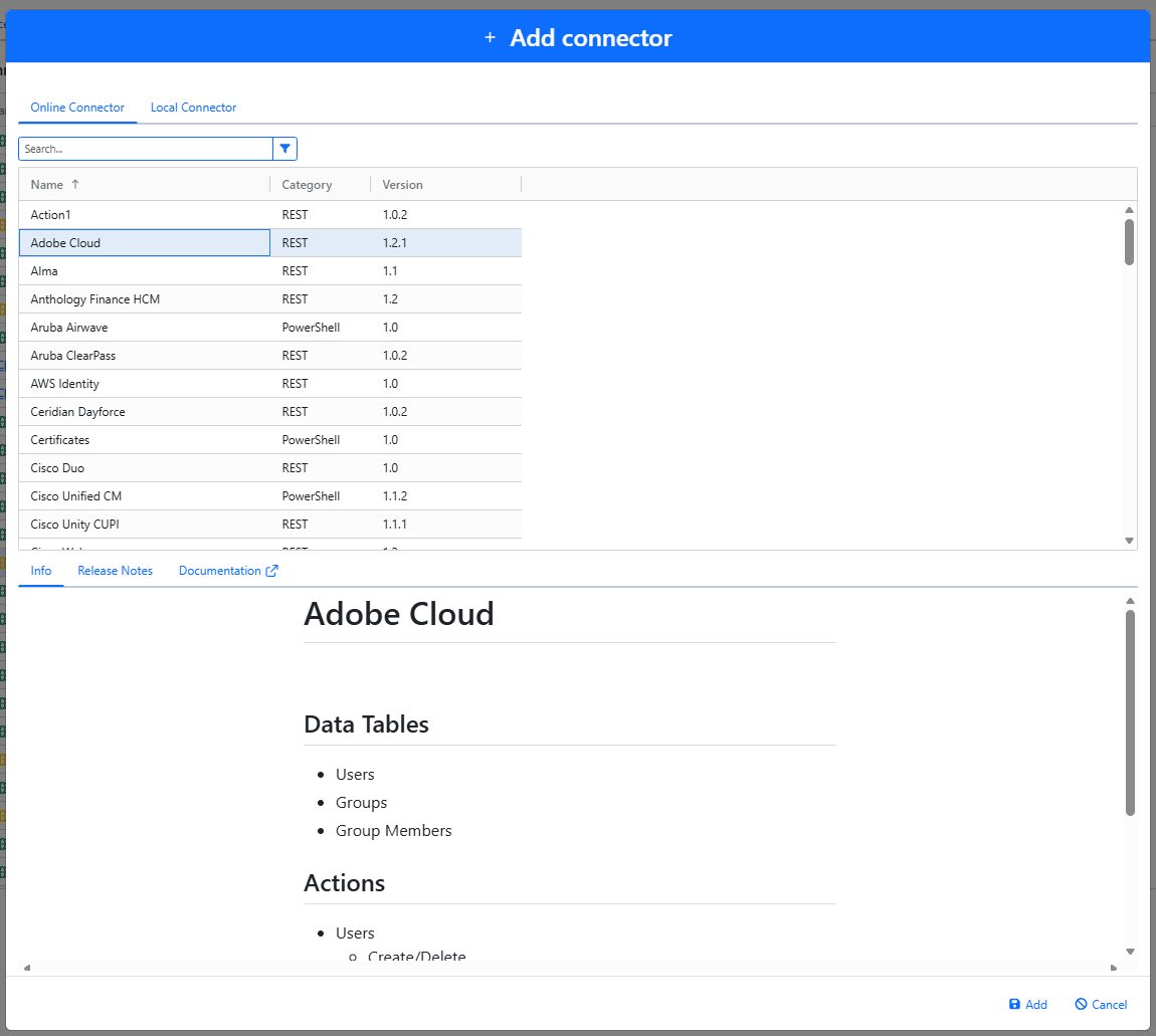 Online Connector tab listing supported repository connectors with Info, Release Notes, Documentation, and Add controls