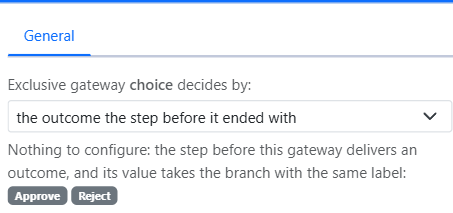 The side bar of the selected exclusive gateway: it decides by the outcome the step before it ended with, matched against the branch labels Approve and Reject