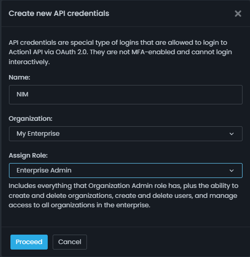 Name and assign a role to the Action1 API credential