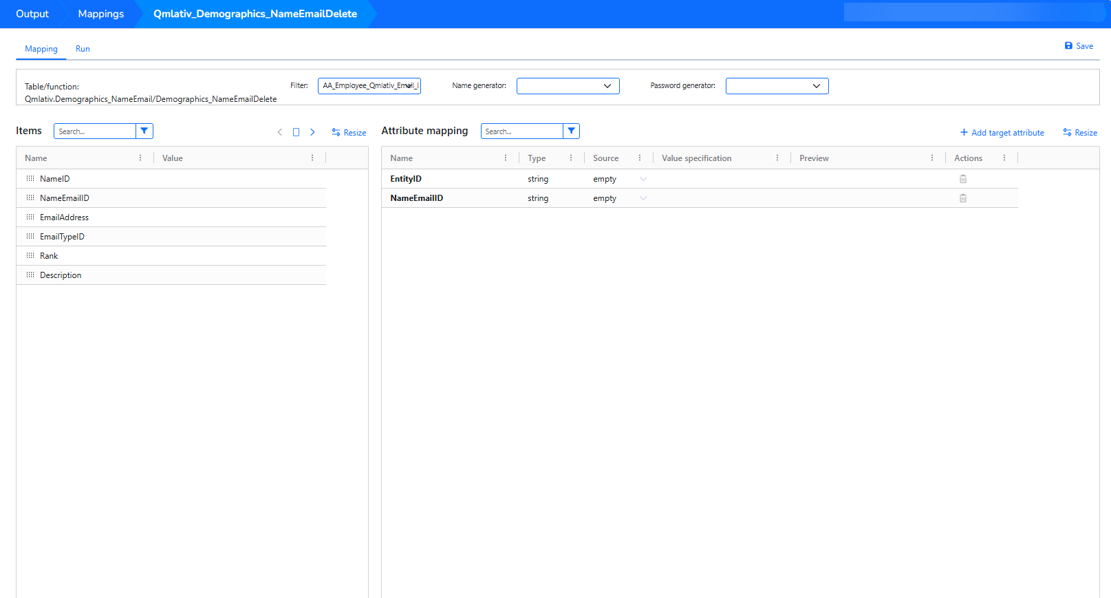 Map attributes for a Qmlativ email address delete operation