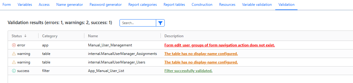 Form validation results