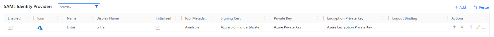 NIM SAML Identity Providers list with the configuration Name and Display Name set to Entra