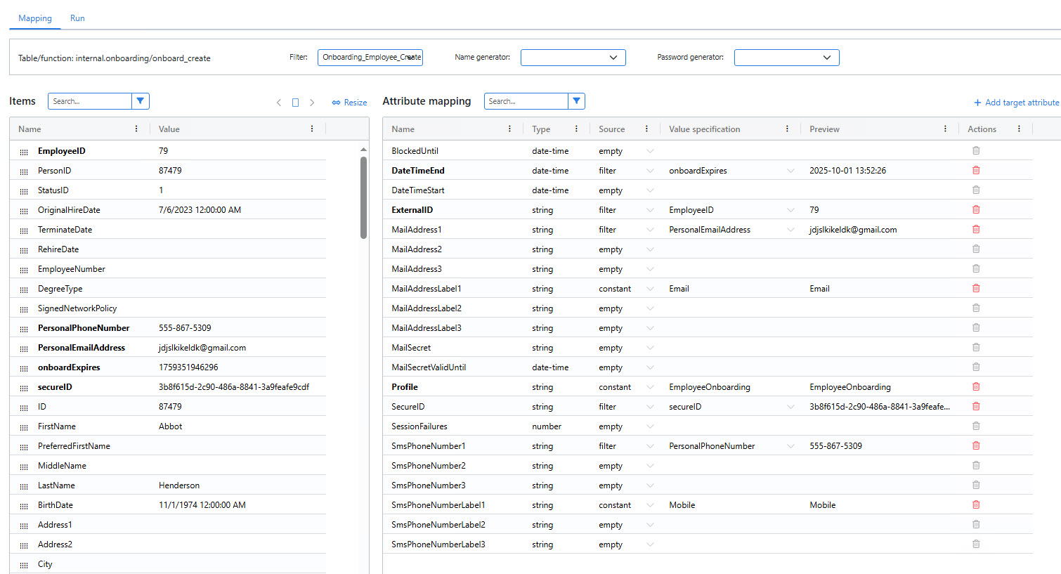 Map source fields to onboarding fields