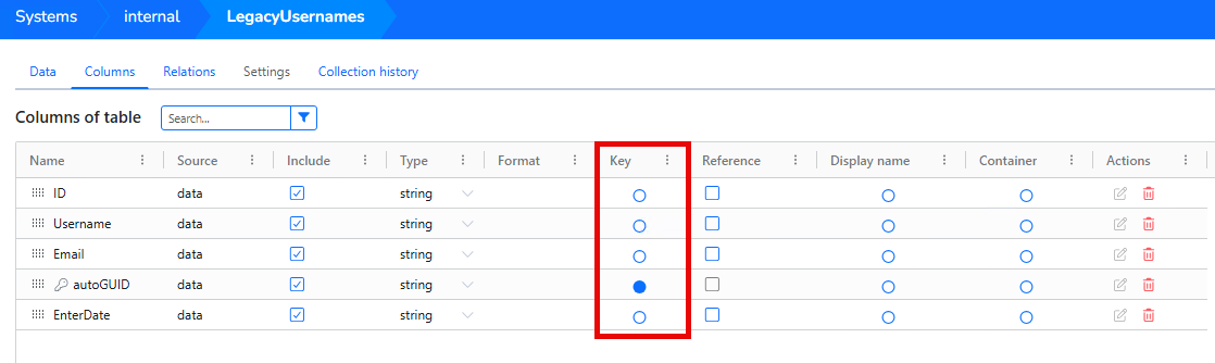 Set the history table key