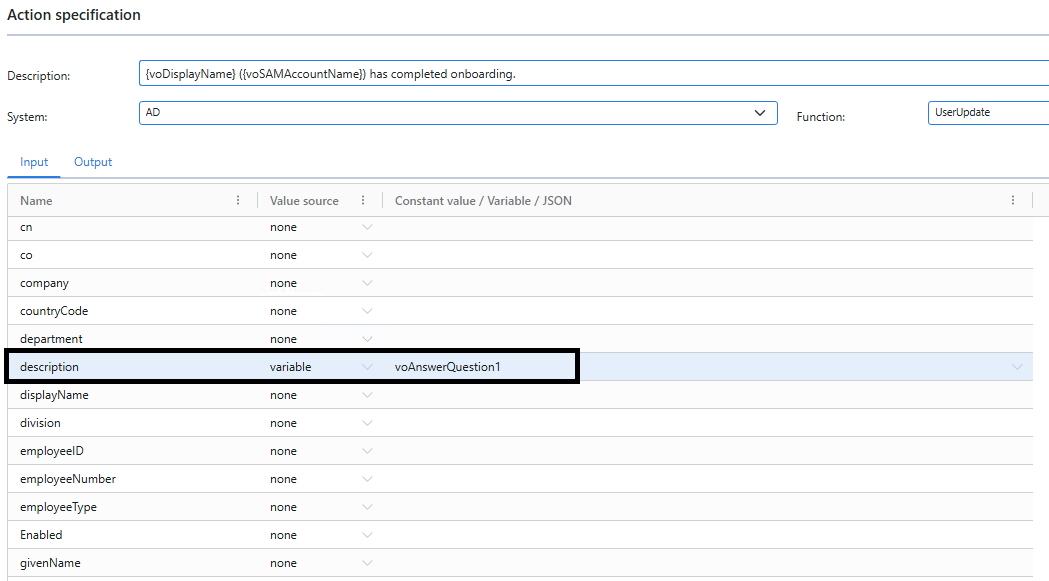 Select a submitted onboarding value as an action variable