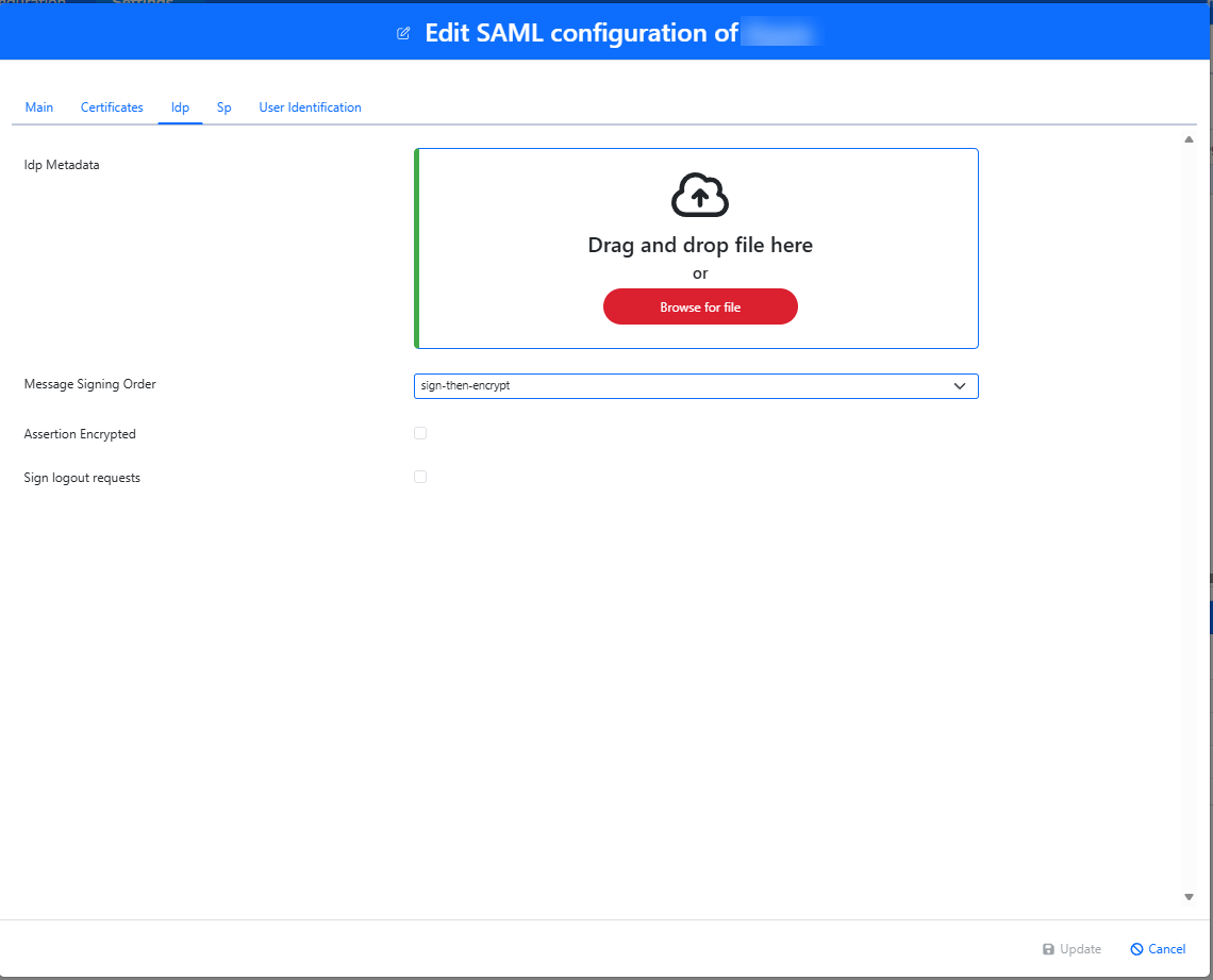 Edit SAML configuration with the IdP tab selected and the IdP Metadata upload area highlighted