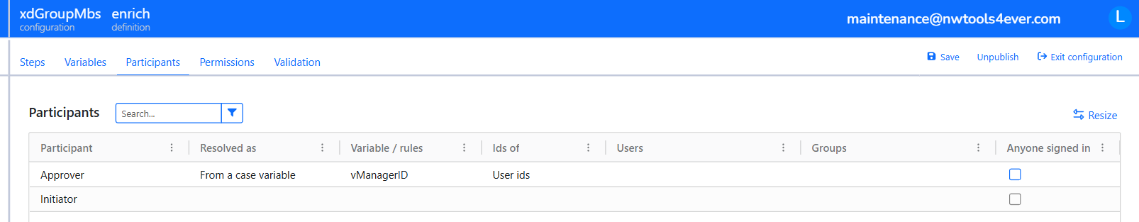The Participants tab with the Approver participant resolved from a case variable that holds a user ID