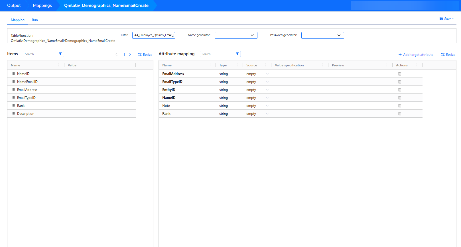 Map attributes for a Qmlativ email address create operation