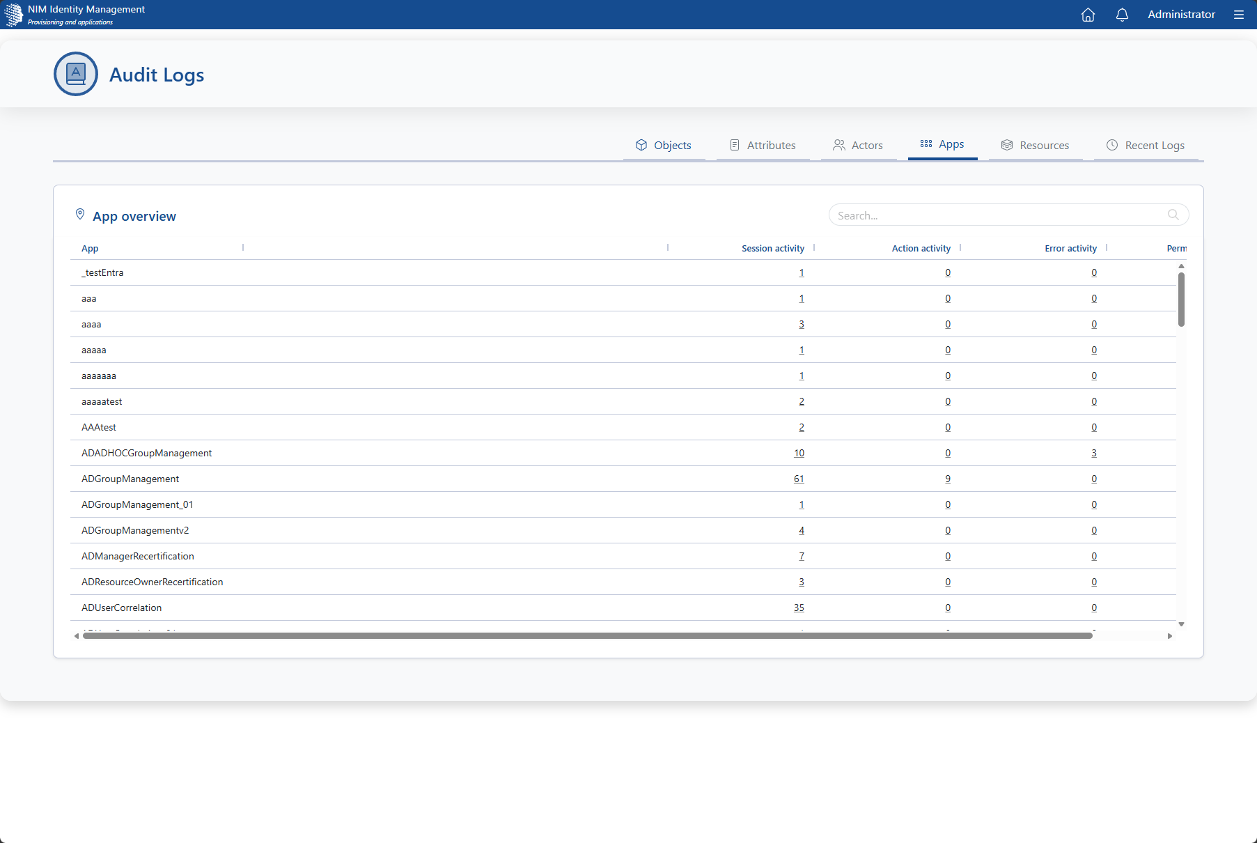 Audit App Apps view showing session, action, and error activity for applications