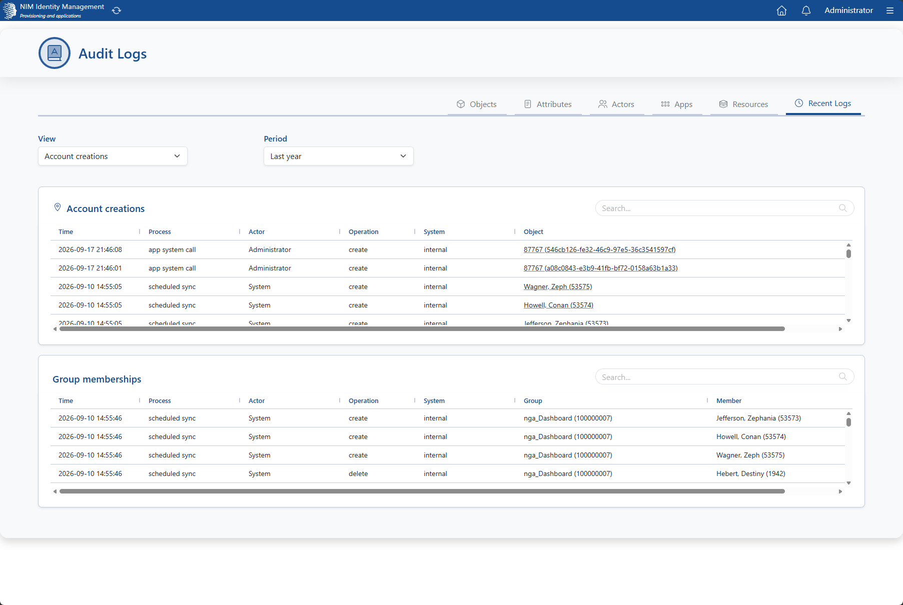 Audit App Recent Logs view filtered by period with account creation and group membership entries