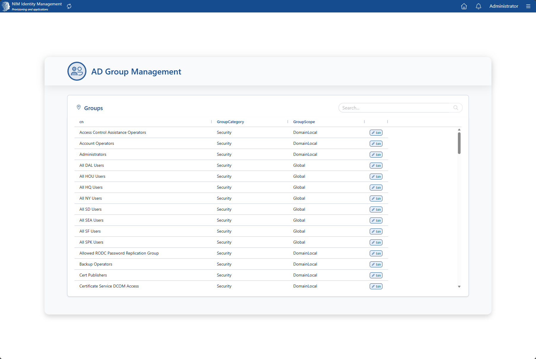 AD Group Management app listing groups with category, scope, and Edit controls