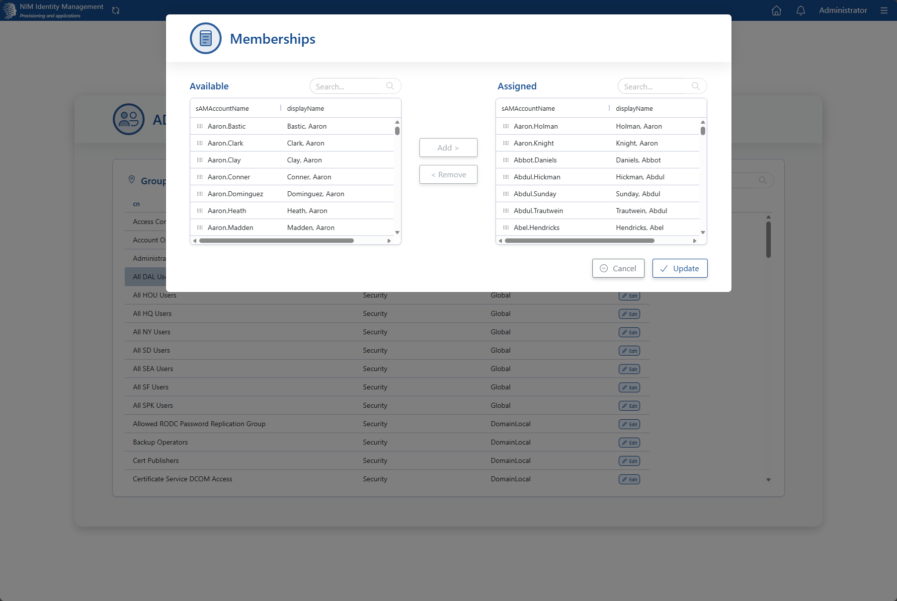 Group membership editor showing available and assigned users with Add, Remove, and Update controls