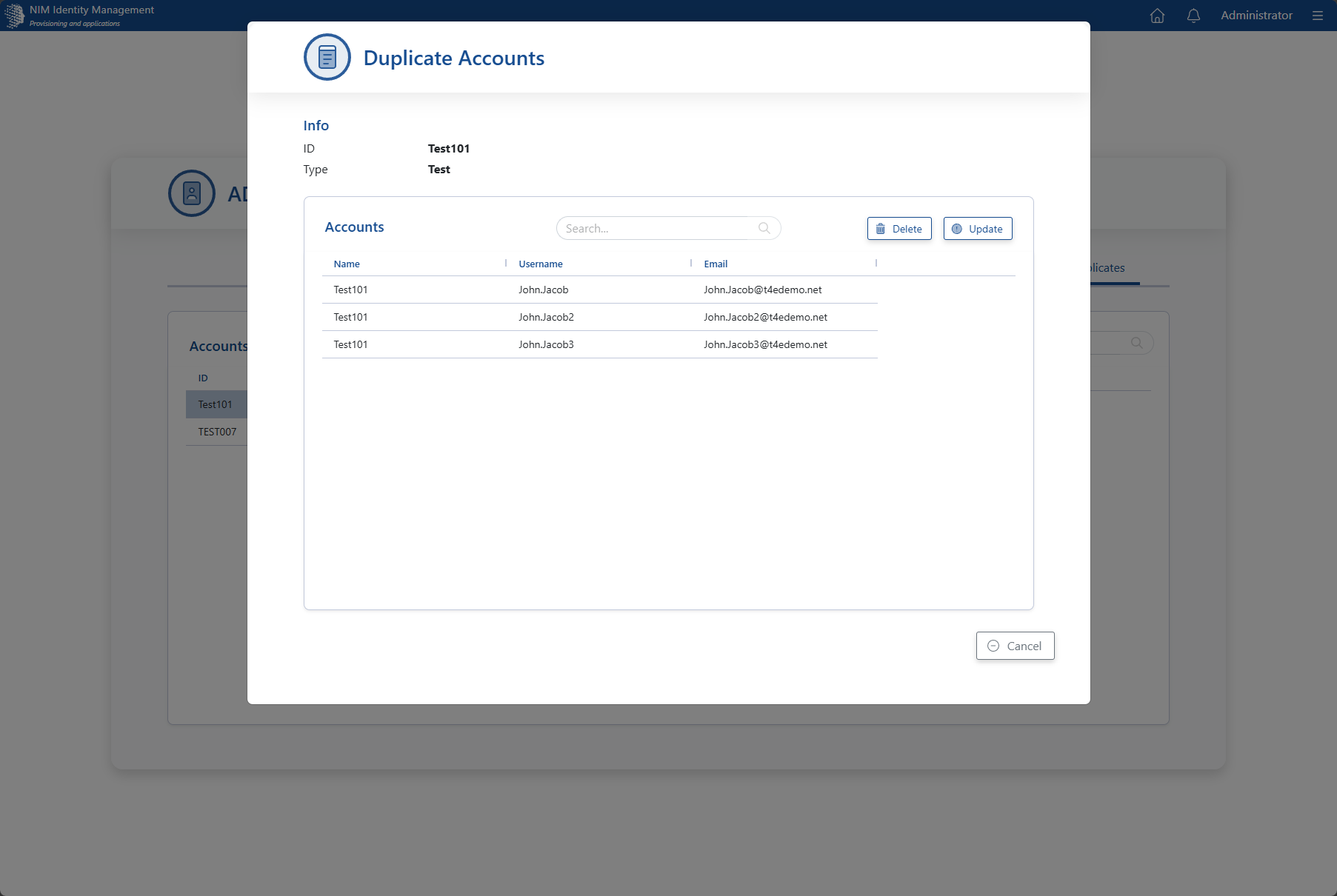 Duplicate Accounts review dialog listing three accounts associated with one user record