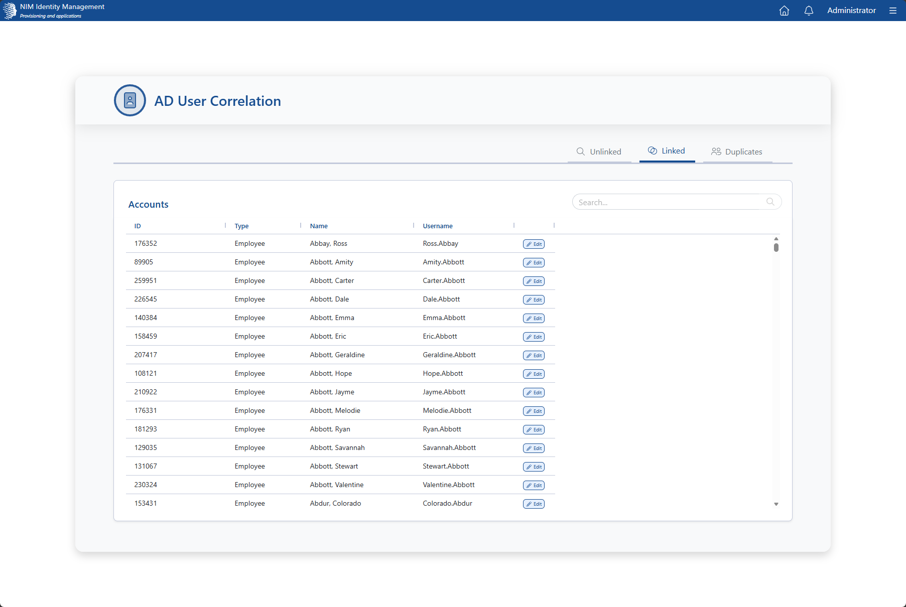 User Correlation app Linked tab listing accounts associated with user records