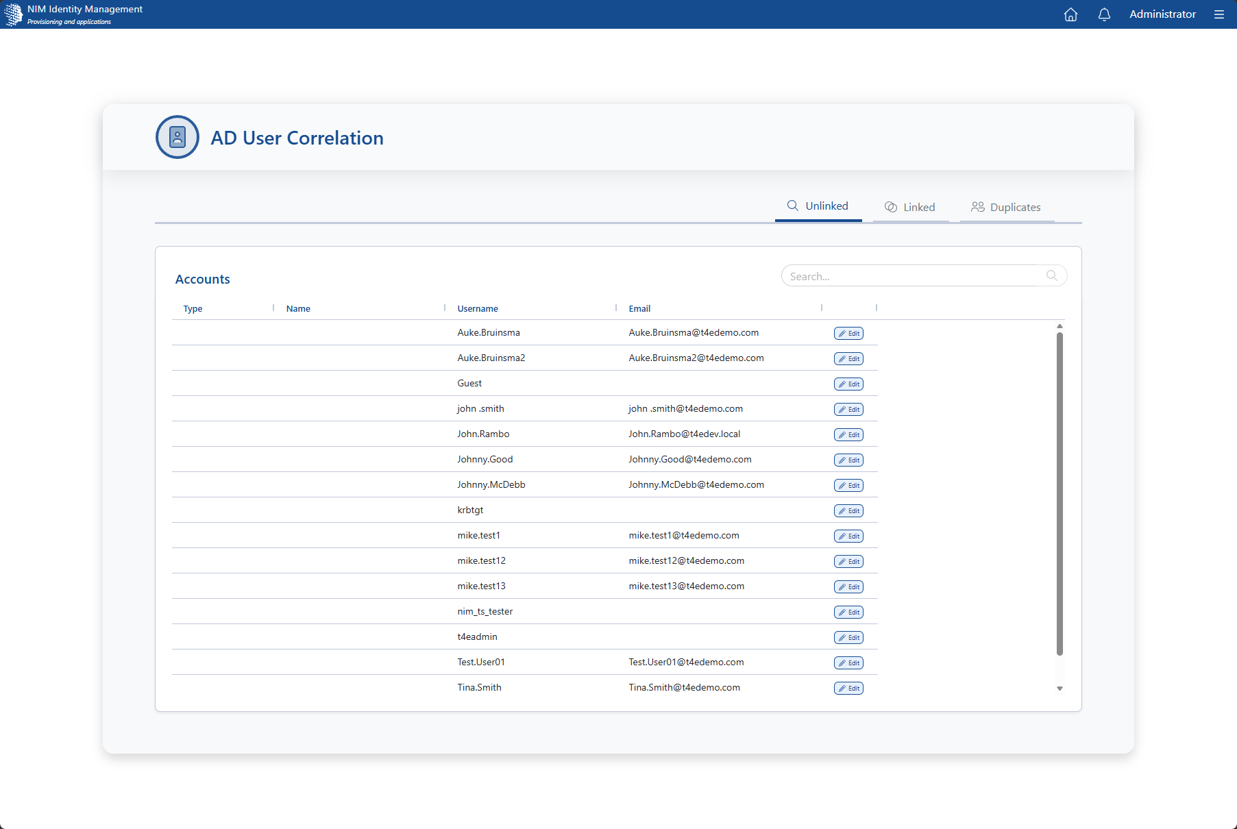 User Correlation app Unlinked tab listing accounts without an authoritative user link