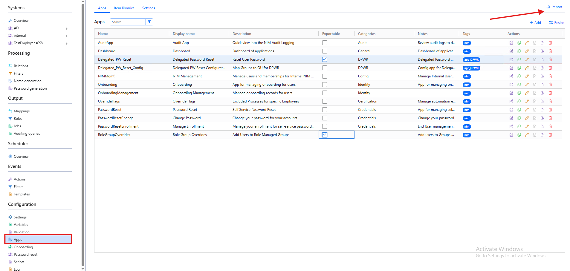 NIM Studio Apps list with Configuration Apps and the Import button highlighted